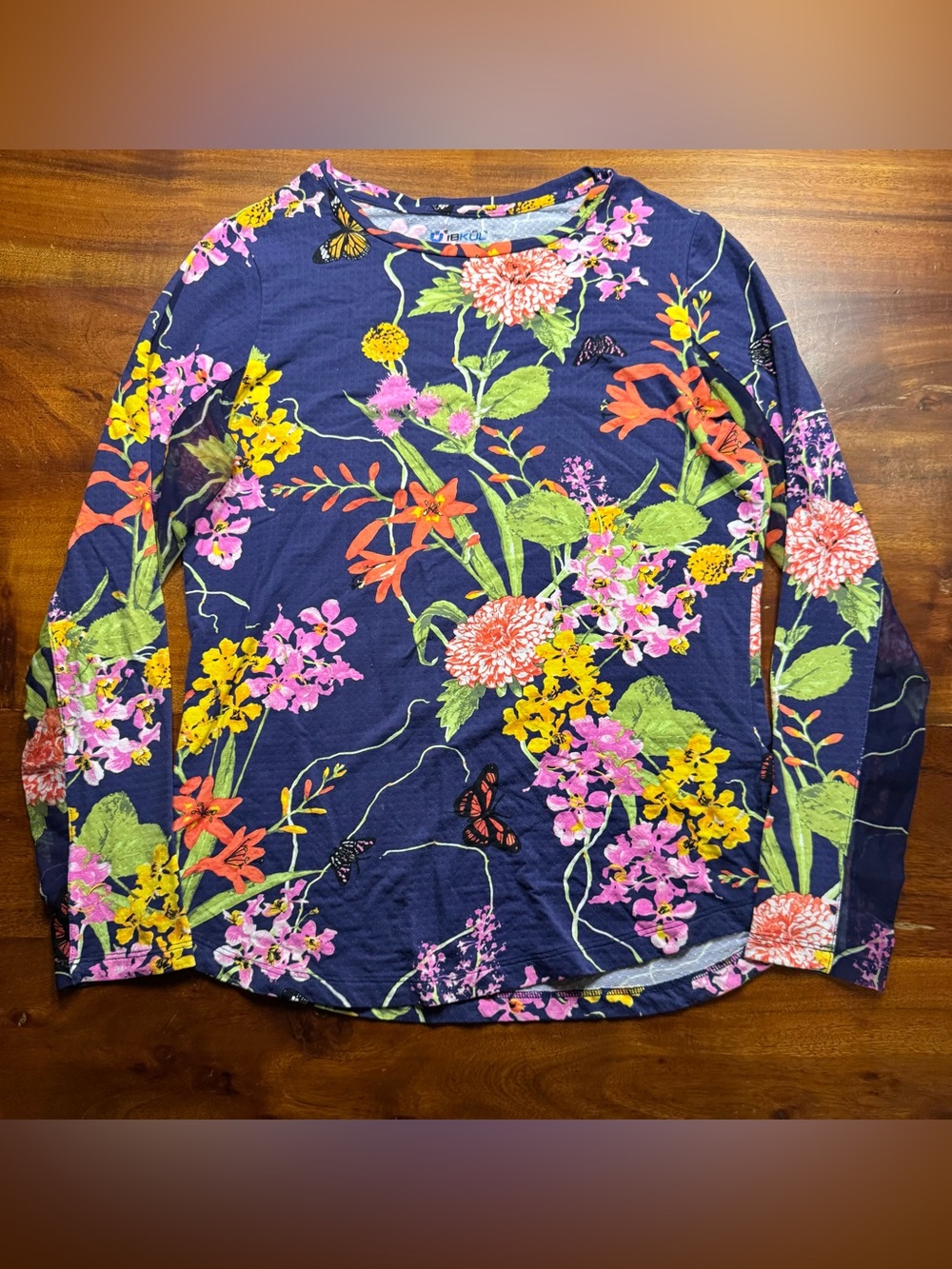IBKUL Ladies Blue Floral Garden Long Sleeve Golf Shirt size Small